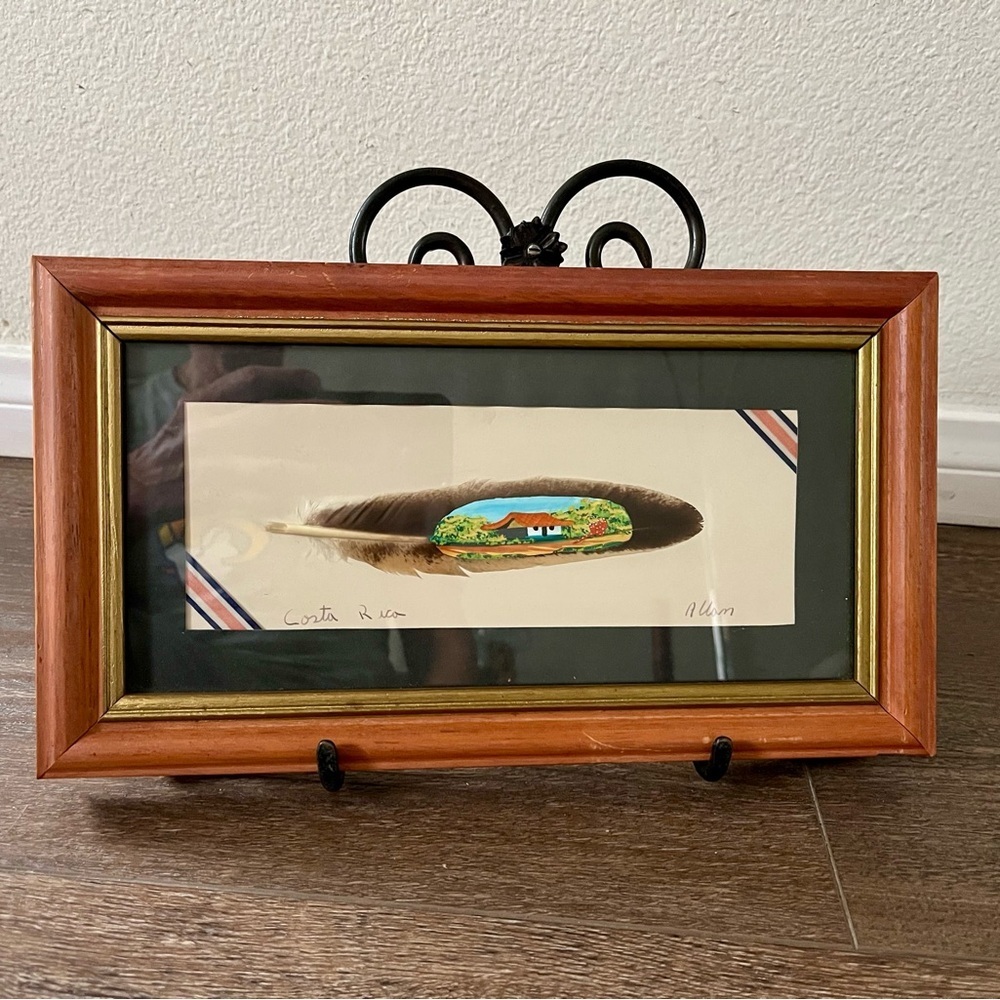 Framed Costa Rica Artwork with Wooden Frame hand painted on Bird Feather 7/13 in